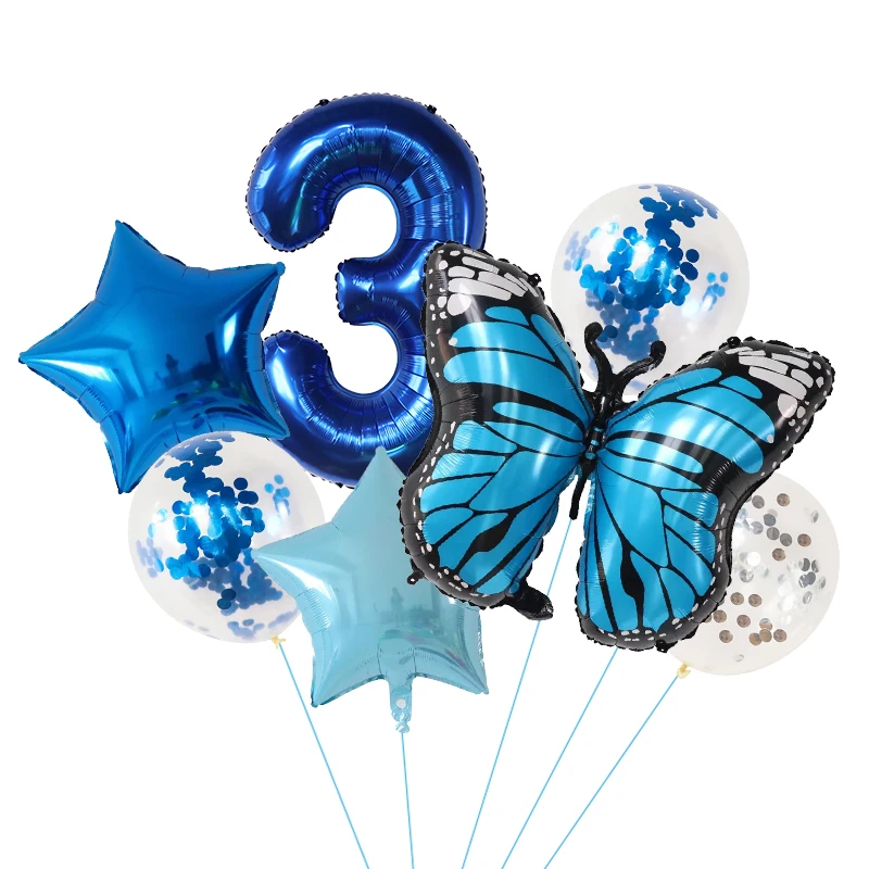 Blue Butterfly Birthday Balloon Set - 7-Piece Party Decoration Kit