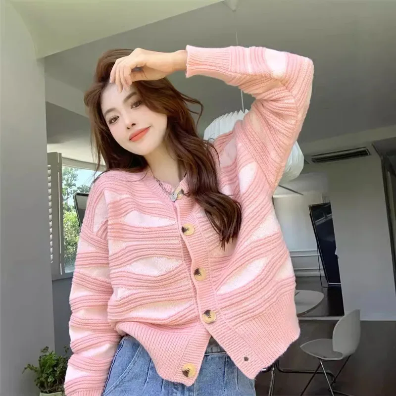 Women Long Sleeve Wavy Stripe Cardigan Sweater