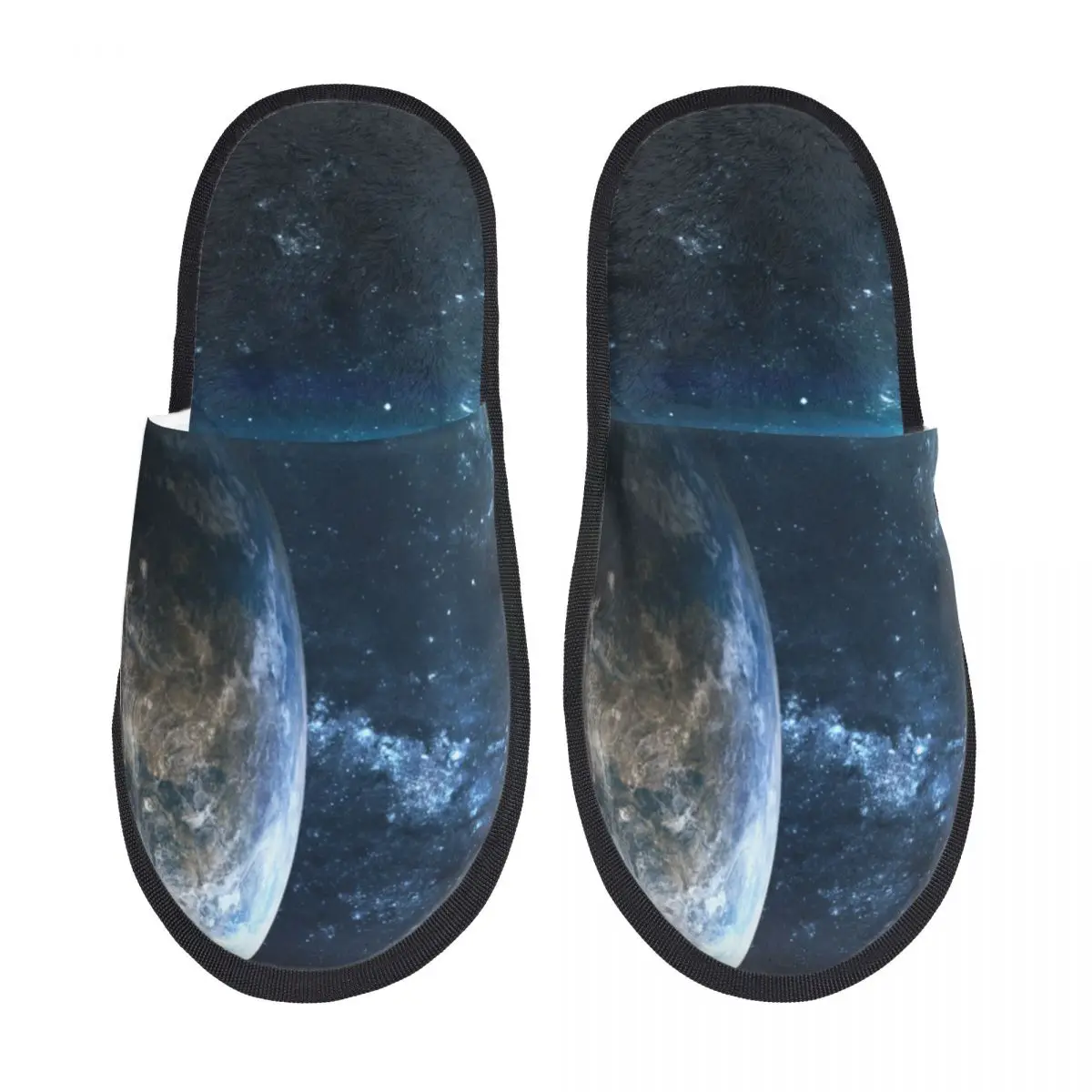 

Тапки меховые домашние, плоская подошва, планеты над туманностями, комнатные шлепанцы для спальни