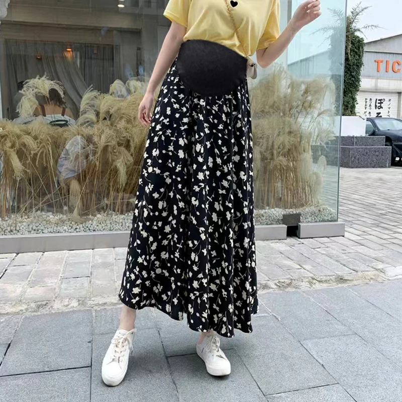 Summer Pregnant Woman Fashion Long Skirt High Waist Floor-length Maternity A-Line Skirt Plus Size Pregnancy Chiffon Floral
