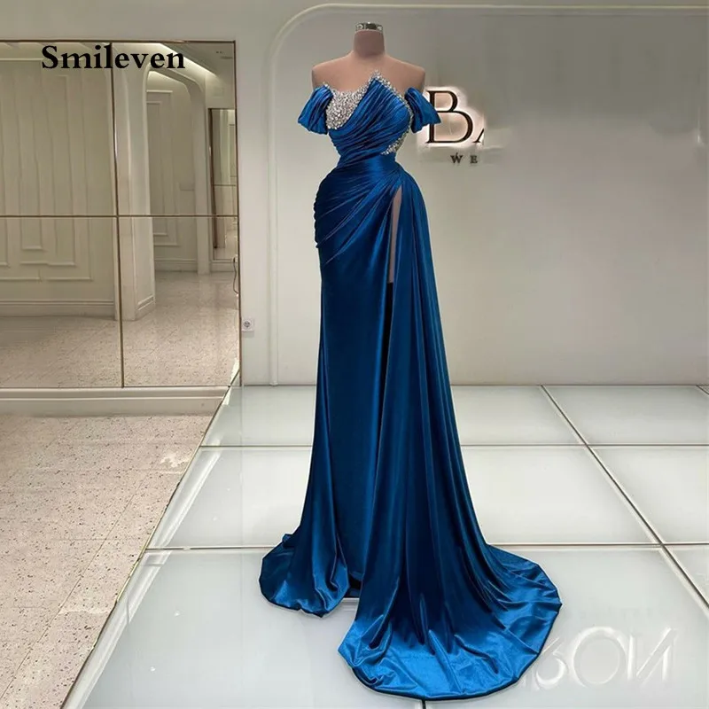 

Smileven Blue Saudi Arabia Mermaid Evening Dresses Elegant Beading Crystal Pleats Prom Dress Side Split Party Dress 2023