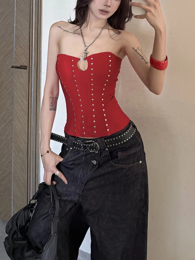 Nibber Party Coquette Tank Top Women Hollow Rivet Classic Trend Sleeveless Stretch Skinny Midnight Sexy Christmas Club Vests
