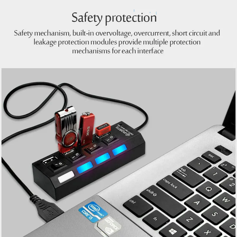 USB 2.0 허브 멀티 USB 분배기 허브 전원 어댑터 사용 4/7 포트 다중 확장기 USB 허브(스위치 포함) 30CM 케이블