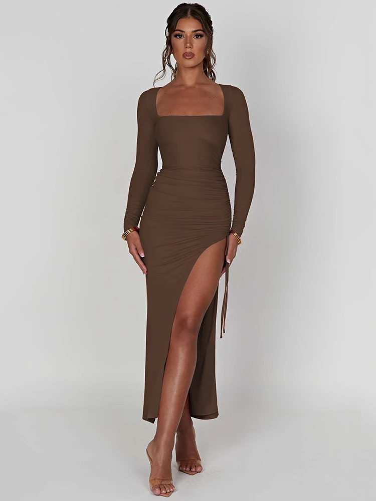 Sexy Bodycon High Split Drawstring Dress Women Long Sleeve Tight Evening Dress Party Female Elegant Maxi Dress AutumnNew