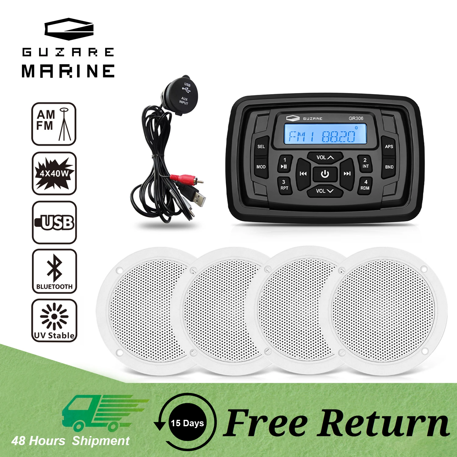 Guzare Marine Radio Boat Stereo Audio Bluetooth Fm Mp3 Player, 4inch