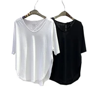 Dongda Gate Summer 202 Women's Faion Loose Casual V-ne ort-sved T-irt Asymmetric Creative Polyester Blend