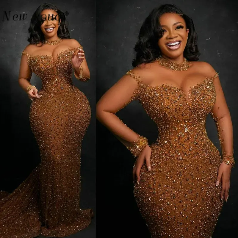 

Sparkly Crystals Mermaid Prom Dresses Long Sleeves Aso Ebi Arabic African Evening Party Pageant Gowns Plus Size Custom Made