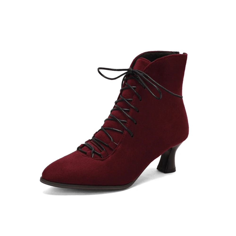 

Женские кожаные ботильоны, ботинки на высоком каблуке, с острым носком, на молнии сзади, на шнуровке, большой размер 48, для весны и осени и зимы, 7001