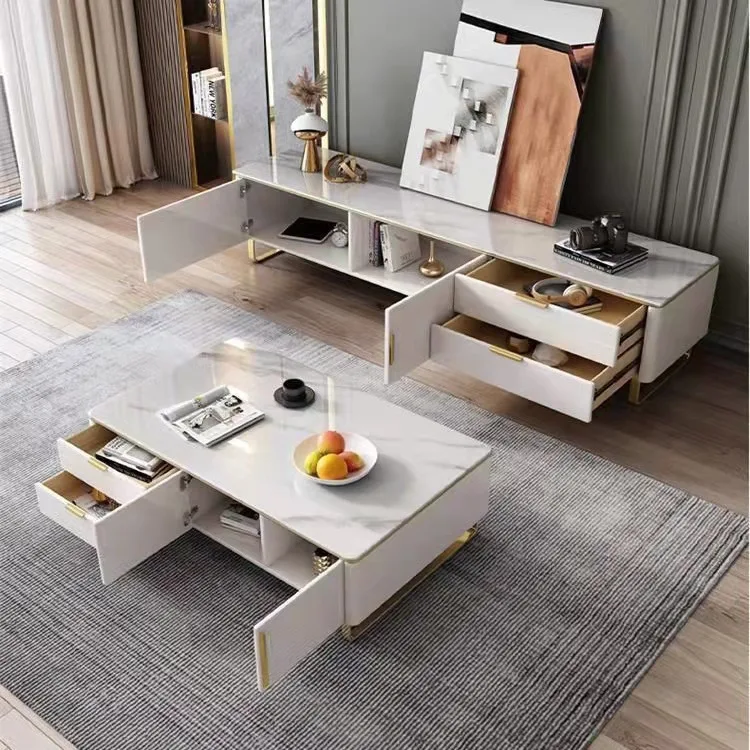 ATUNUS Living Room Furniture Elegant High End Gold White Stainless Steel Frame TV Stand And Coffee Table With Drawer For Home