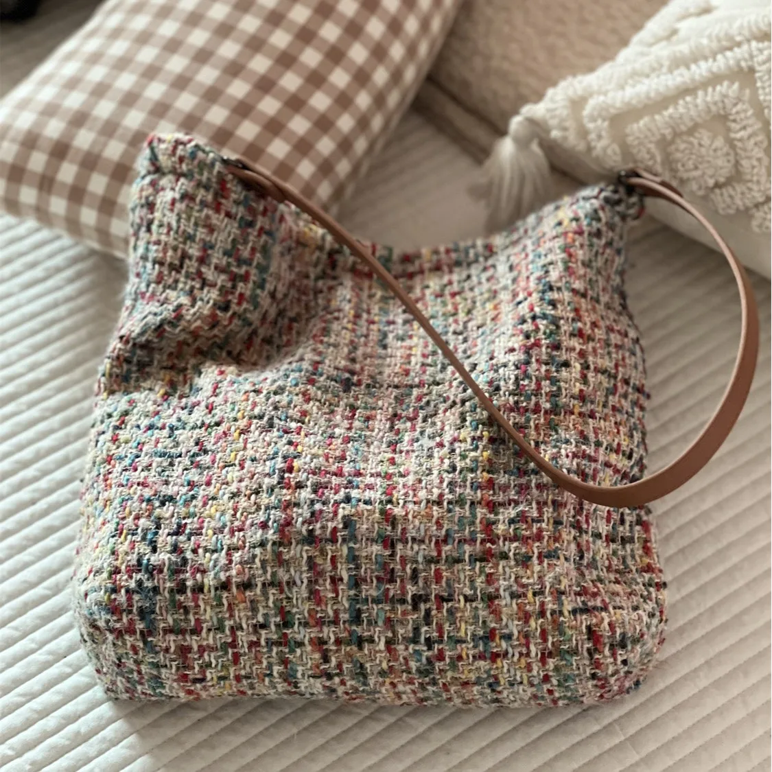 Wool Knitted Shoulder Shopping Bag for Women Vintage Cotton Cloth Girls Tote Shopper Bag Large Female Handbag Crochet Bag