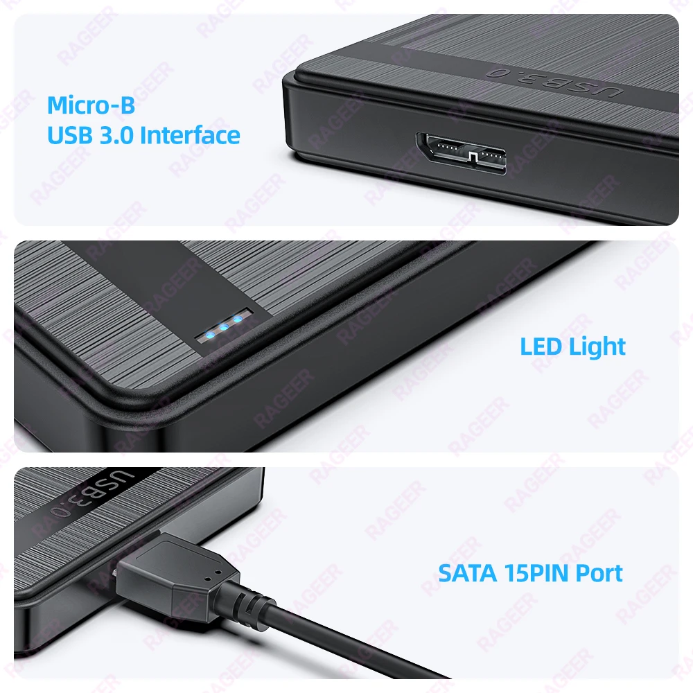 RAGEER SATA 외장 하드 디스크 케이스, USB 3.0-SATA 3.0, 2.5 인치 HDD 인클로저, 지지대 UASP, 7mm, 9.5mm 2.5 인치 HDD SSD, 5Gbps
