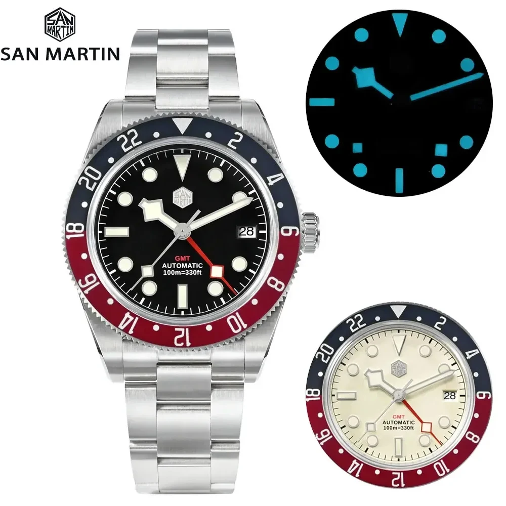 San Martin 39Mm Gmt Men Dive Watch Nh34 Orologi Meccanici Automatici Luxury Sapphire Cornice In Alluminio Bidirezionale Impermeabile