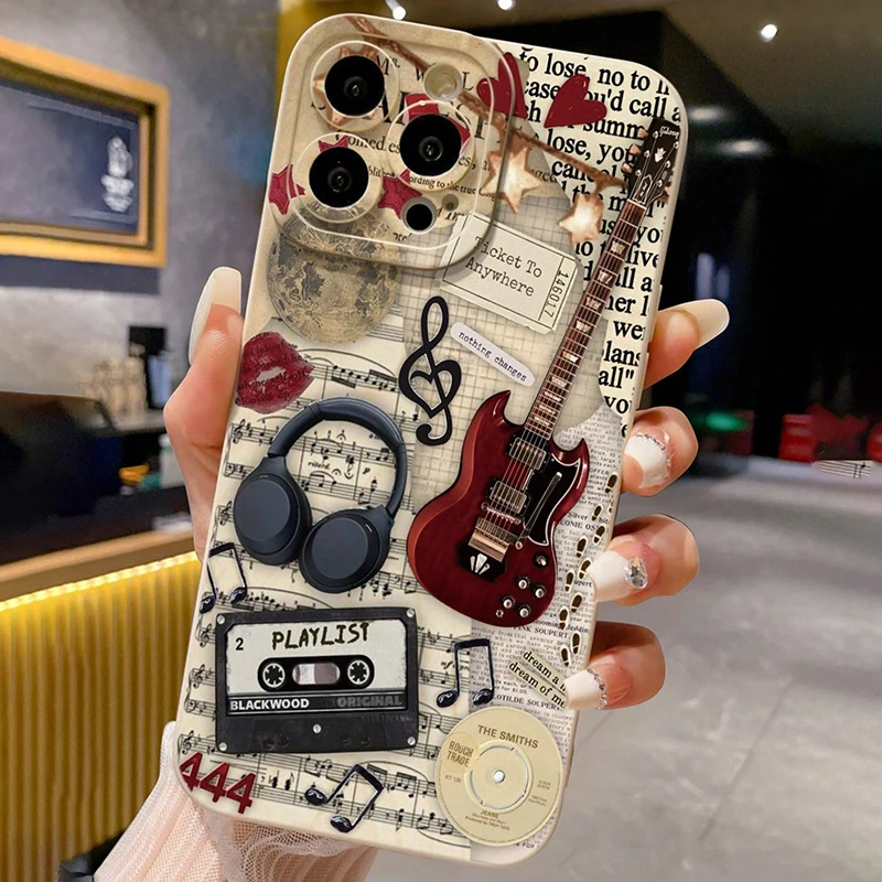 Gitarrenmusik-Motiv Perforierte Beige Handyhülle für iPhone 17 Air 16 15 14 13 12 11 Pro Max X XS XR 7 8 Plus 16E Cover