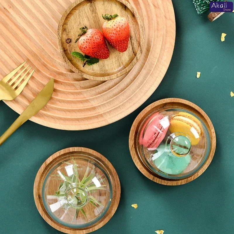 Wooden Dessert Plate Cake Stand Small Cake Tray with Glass Dome Lid Fruit Display Serving Tray Party Supplies 3