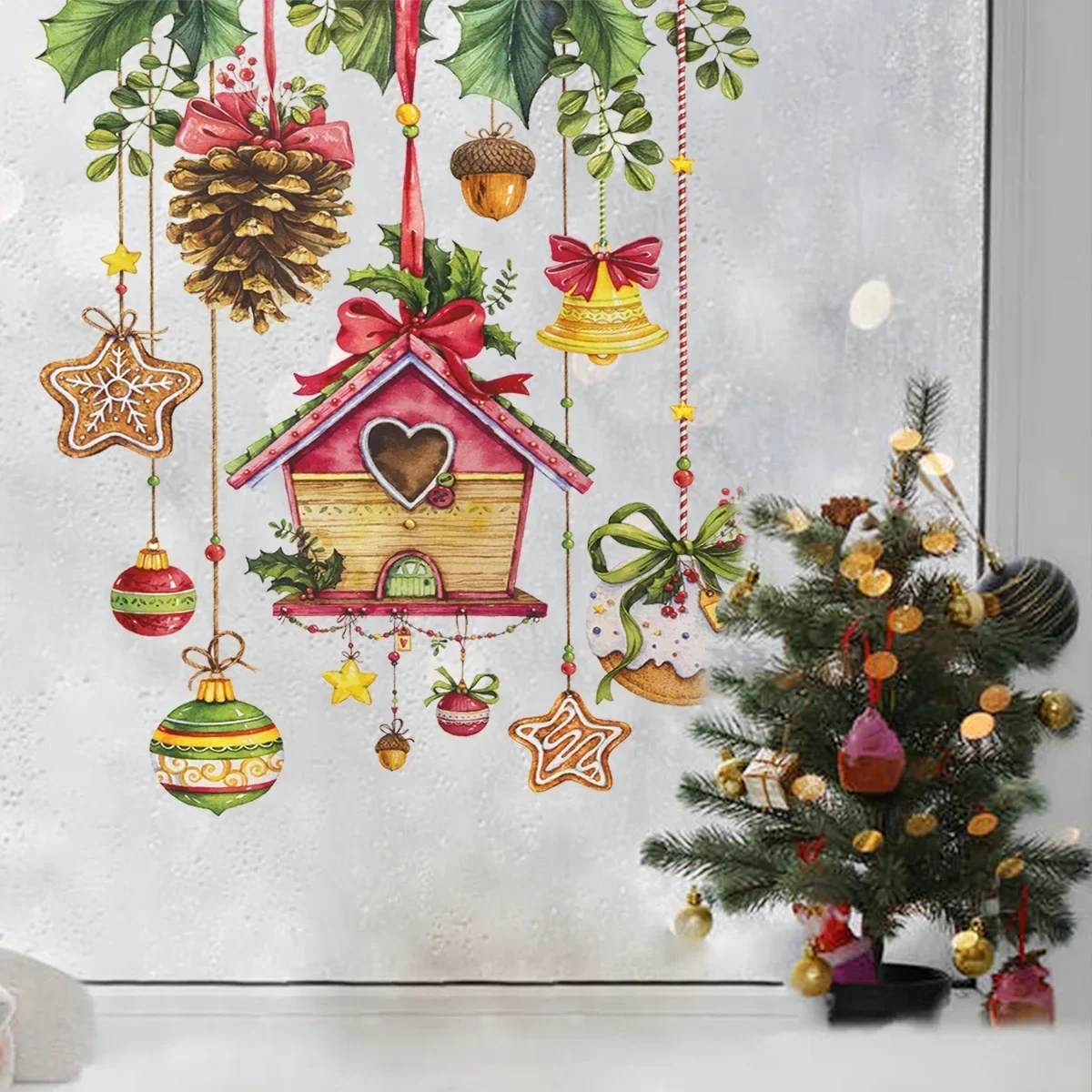 Christmas Glass Stickers Wooden House Pine Nut Winsow Sticker Glass Wall Decor Merry Christmas Stickers Happy New Year
