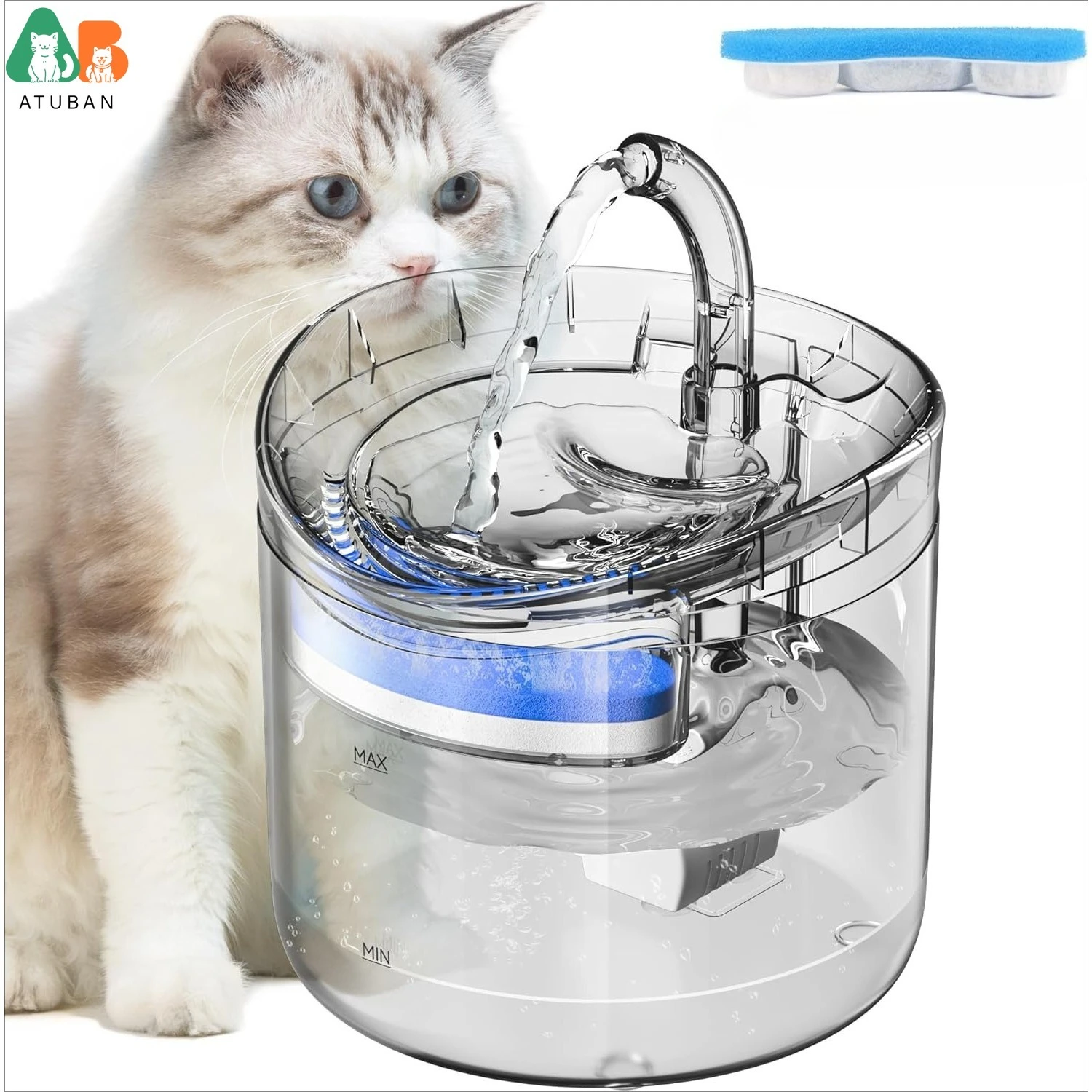ATUBAN Cat Water Fountain Animal Water Dispenser 61OZ/1.8L Automatic Pet Drinking Fountain Clear Upgrade for Cats Kitty Indoor 1