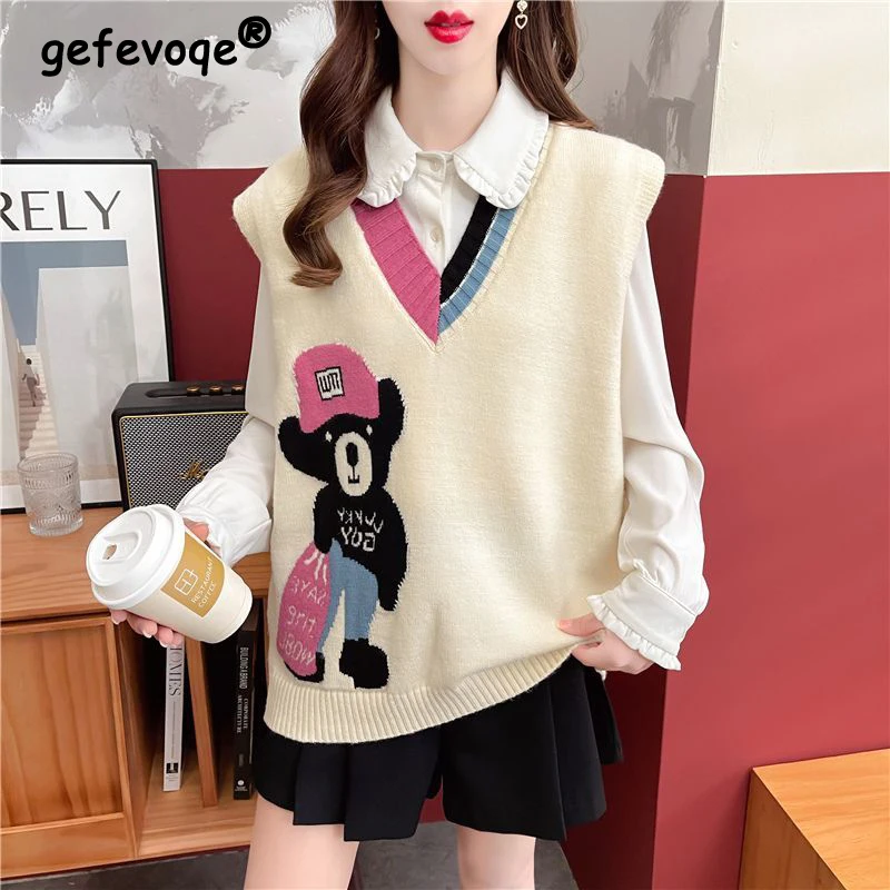 

Women College Style Sweet Kawaii Cartoon Streetwear Sleeveless Knitted Sweater Vest Trendy Y2K V Neck Loose Outerwear Waistcoat