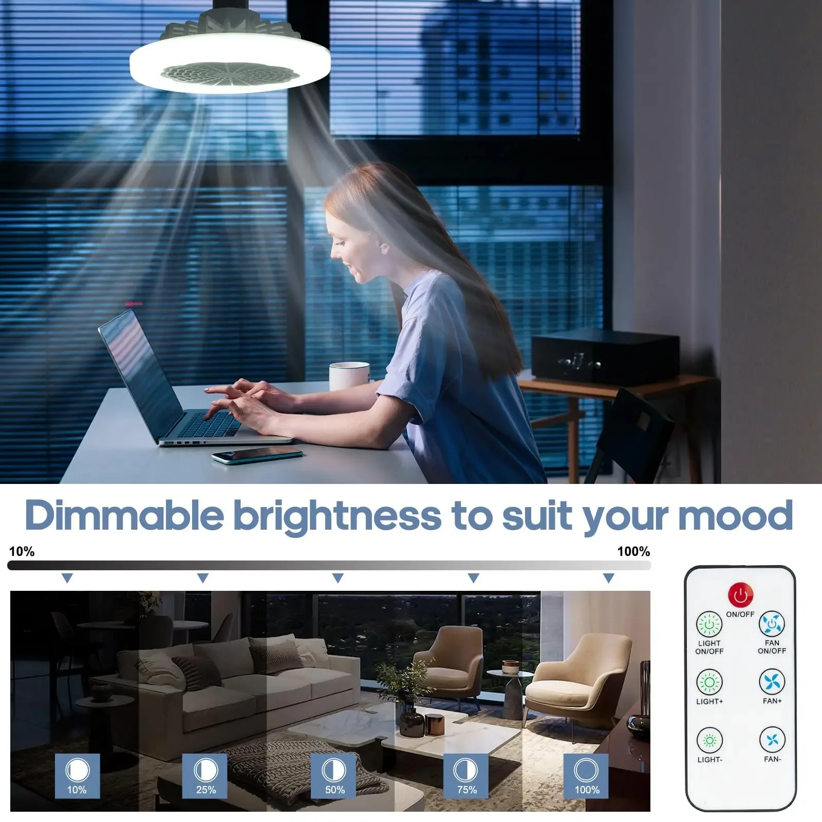 Description Picture 5 of itemCeiling Fan with Remote Control and 3-Speed E27 AC85-265V Lighting Base for Bedroom and Living Room Lighting