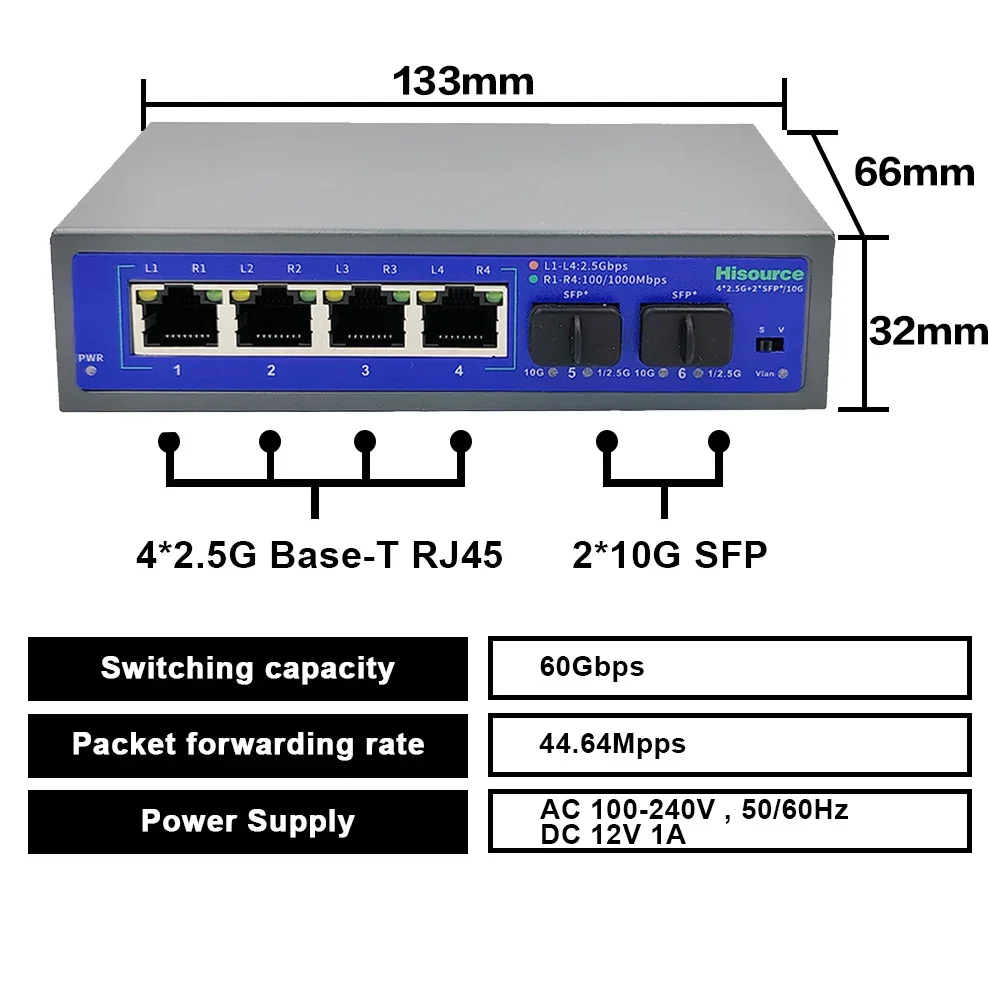10G SFP+ fiber Switch 2.5Gbps Ethernet 4 Port 2500Mbps Network Switcher 2 Port 10G SFP+ Slot Hub Internet Splitter Plug and Play