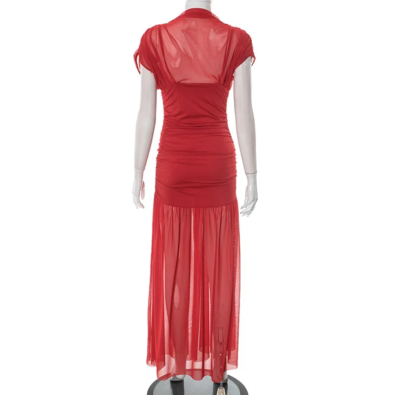 Blifanbo Mesh Short Sleeve Sexy Maxi Dress For Women Elegant High Waist Fashion Patchwork Summer Sexy Slim Club Party Long Dress photo