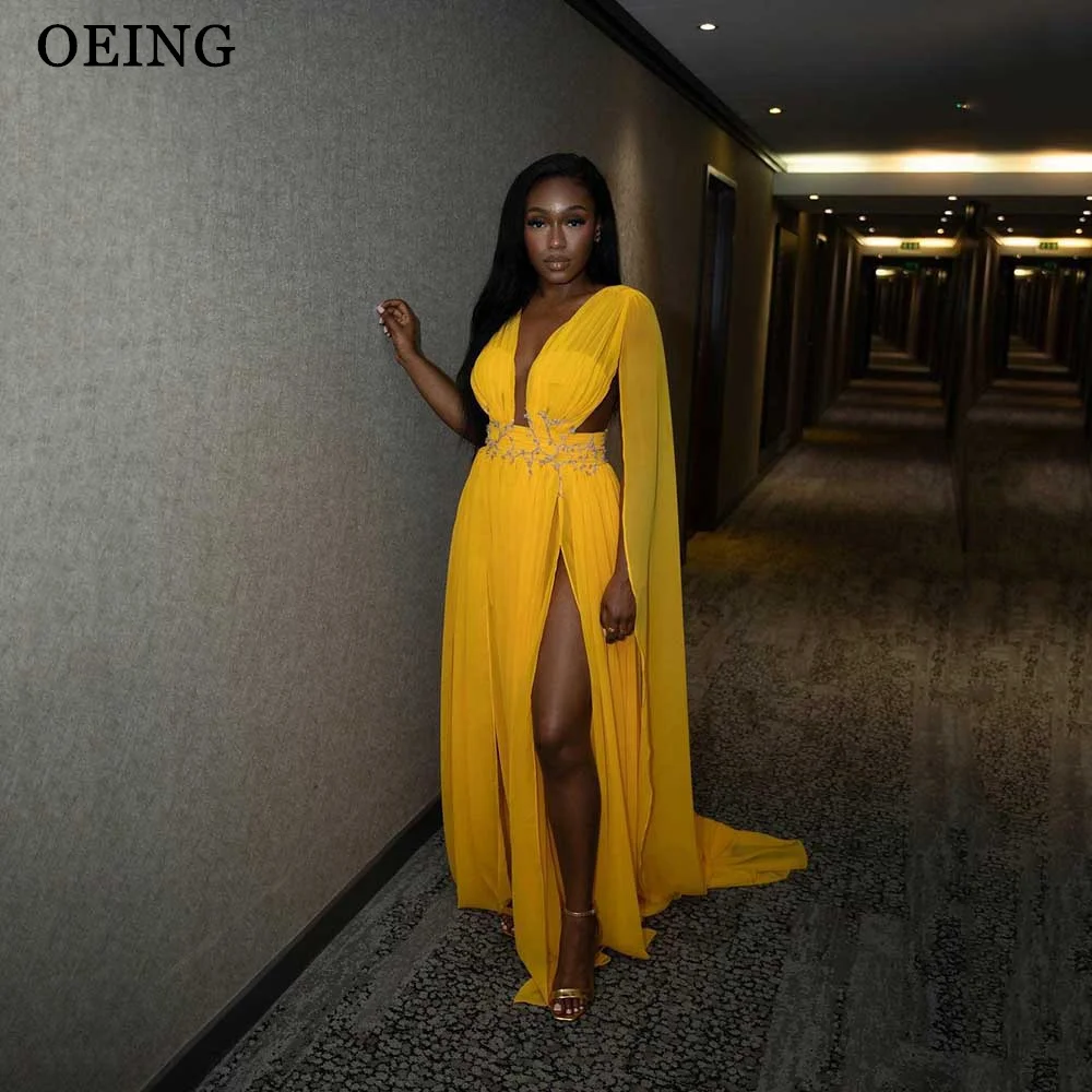 

OEING Yellow Dubai Arabic Women Evening Dresses Sexy Chiffon Long Cape Prom Gowns Simple Party Dress For Event Celebrity Gala