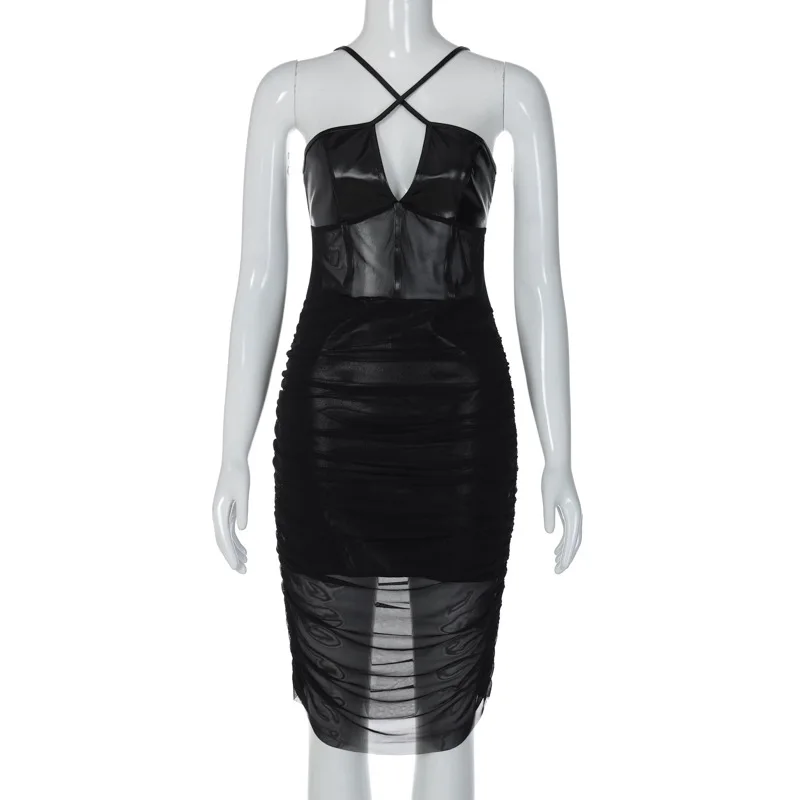 

Black PU Cross Strap Mini Dress Women New Party Club Mesh Splice Cutout Sexy Sleeveless High Waist Short Dresses 2023 Summer