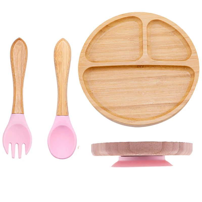 3Pcs/Set Baby Bamboo Sucker Plates Fork Spoon Sets Non-slip Tableware Children's Feeding Dishes BPA Free