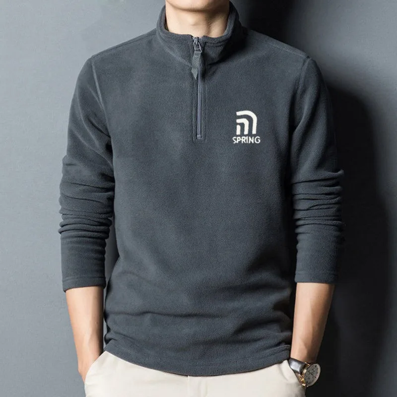 Men's Solid Autumn Winter Pullover Turtleneck Letter Embroidery Zipper Long Sleeve T-shirt Hoodies Office Lady Undershirt Tops