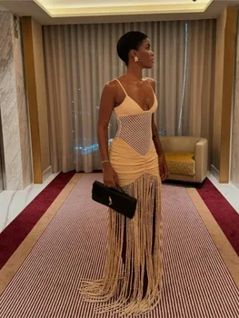 Tassel Hem Splicing Sling Dress Women Sexy Waist Hollow Out Stretch Pleated Bodycon Dresses Female Solid Summer Beach Party Robe 1
