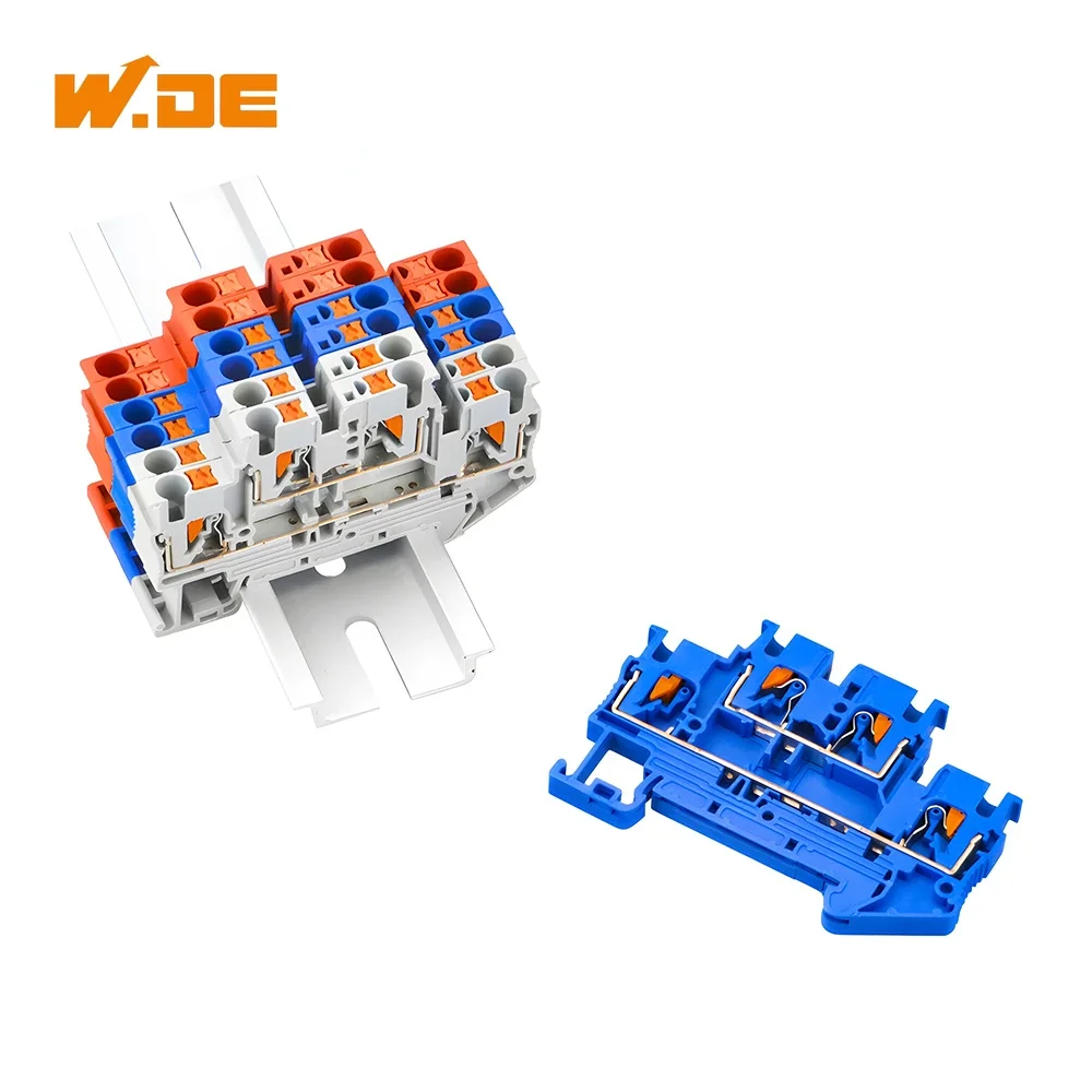 DIN Rail Terminal Block PTTB-2.5 10Pcs 4 Colors Double Layer Spring Clamp 24A 500V AWG26-16 PE Conductor