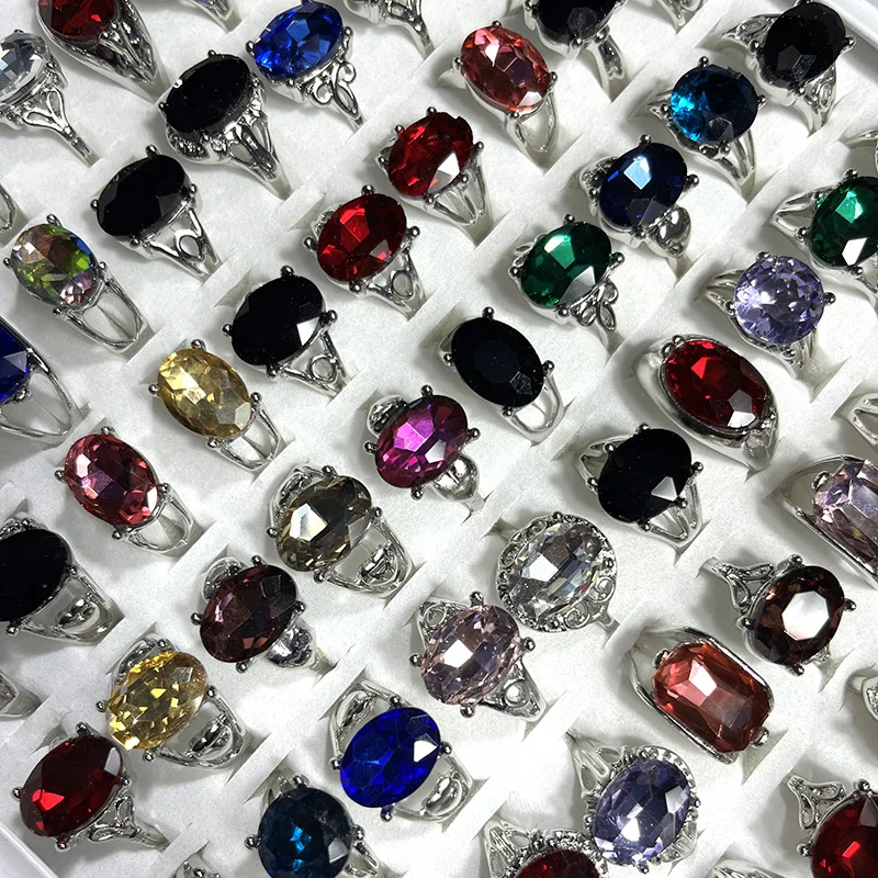 

50Pcs Fashion Mixed Color Multicolor Crystal Zircon Silver Plated Ring For Women Jewelry Bulks Rings Lots LR4212