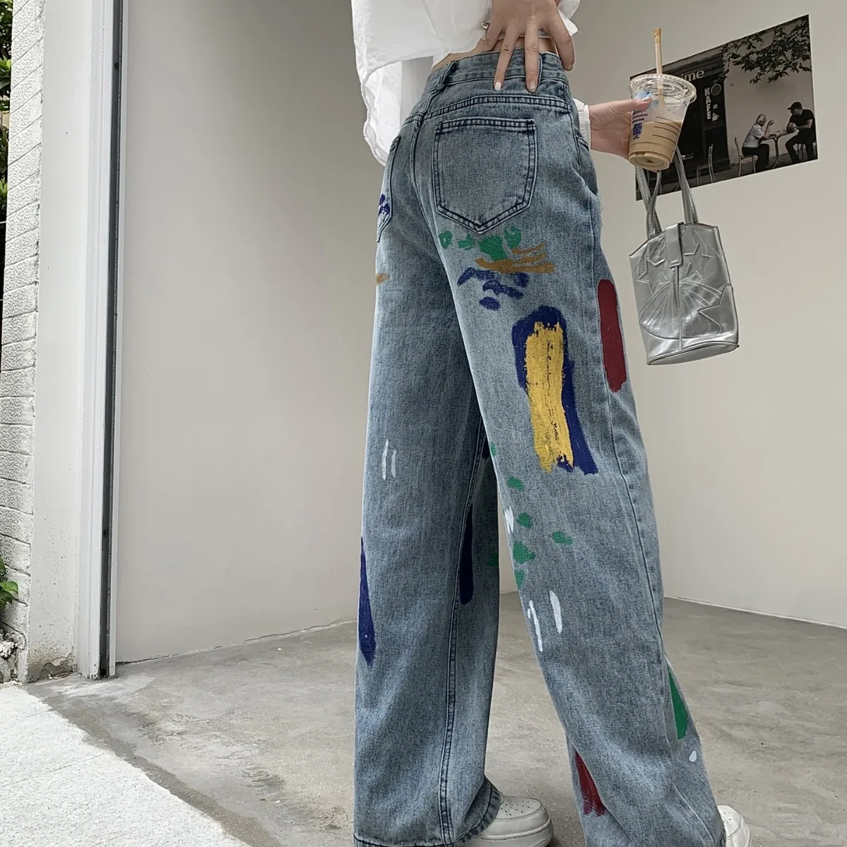 Color Smudged Graffiti Spray Painted Ripped Jeans High Waist Slim Straight Leg Wide Leg Mop Pants  Ripped Jeans for Women