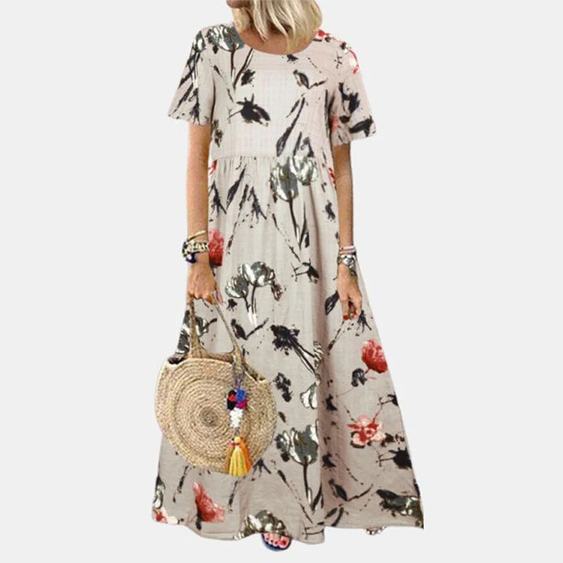 

Summer Oversized Women's Clothing Muslim Ethnic Retro Short Sleeve Floral Dress Round Neck Casual Loose Fitting Ladies Abaya