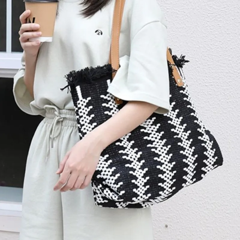 JIAERDI Woven Fringe Tote Bag Women Black Large Capacity Handbag Ladies Fashion Casual Versatile Personalized Underarm Bag 2025