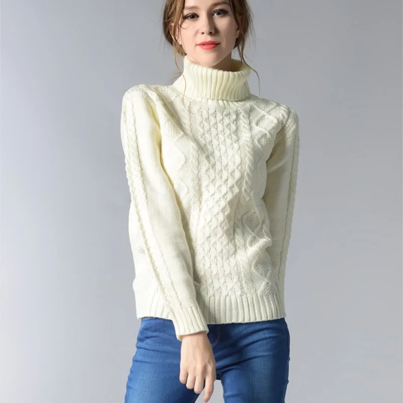 

Women's Autumn And Winter Solid High Neck Knitwear Long Sleeve Fried Dough Twists Casual Loose Pullover Fashion White Sweater