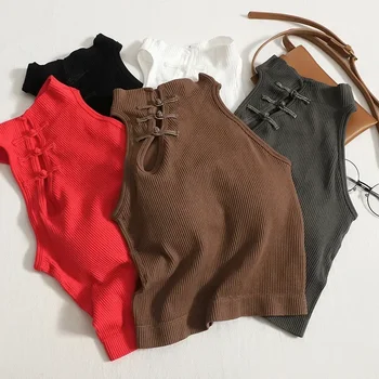 Vintage Hault Tanks Camis For Women Sleeveless Almighty Casual Button Femme Croset Crop Tops With Built in Bras Woman Camisoles 1