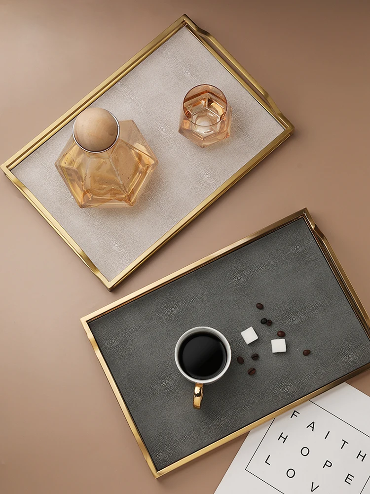 

Gold handle tray premium sense home leather metal tea tray creative tea set storage
