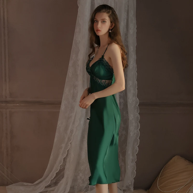 REBEYULI Brand Summer Ladies Sexy Sleepshirt Emerald with Chest Pads V-neck Split Suspender Long Sling Nightgown Women