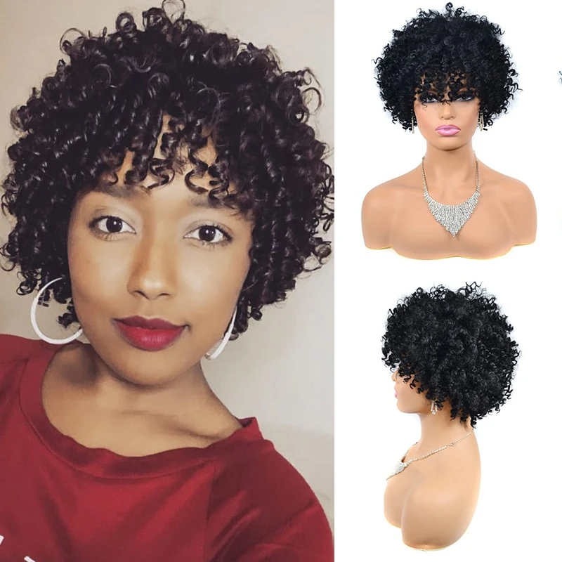 

Black Curly Hair Wigs for Women Short Kinky Curly Wig with Bangs Synthetic Afro Bouncy Curly Wigs Cosplay Heat Resistant Hair