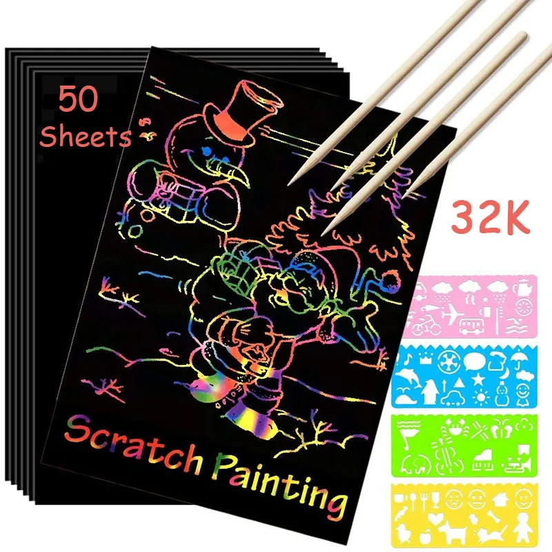 JOYEZA Juego De 50 Piezas De Papel Para Rascar Para Niños, 50 Piezas De Papel Para Rascar Arco Iris, Arte Negro Para Rascar, 5 Lápices De Madera, Arte Y Manualidades Para