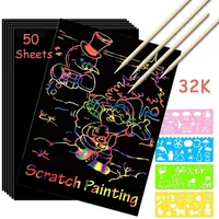 Scratch Paper Art Set Rainbow Card Scratch Black Scratch It Off Paper Crafts Notes with Wooden Stylus Stencils for Kid DIY Gift 1