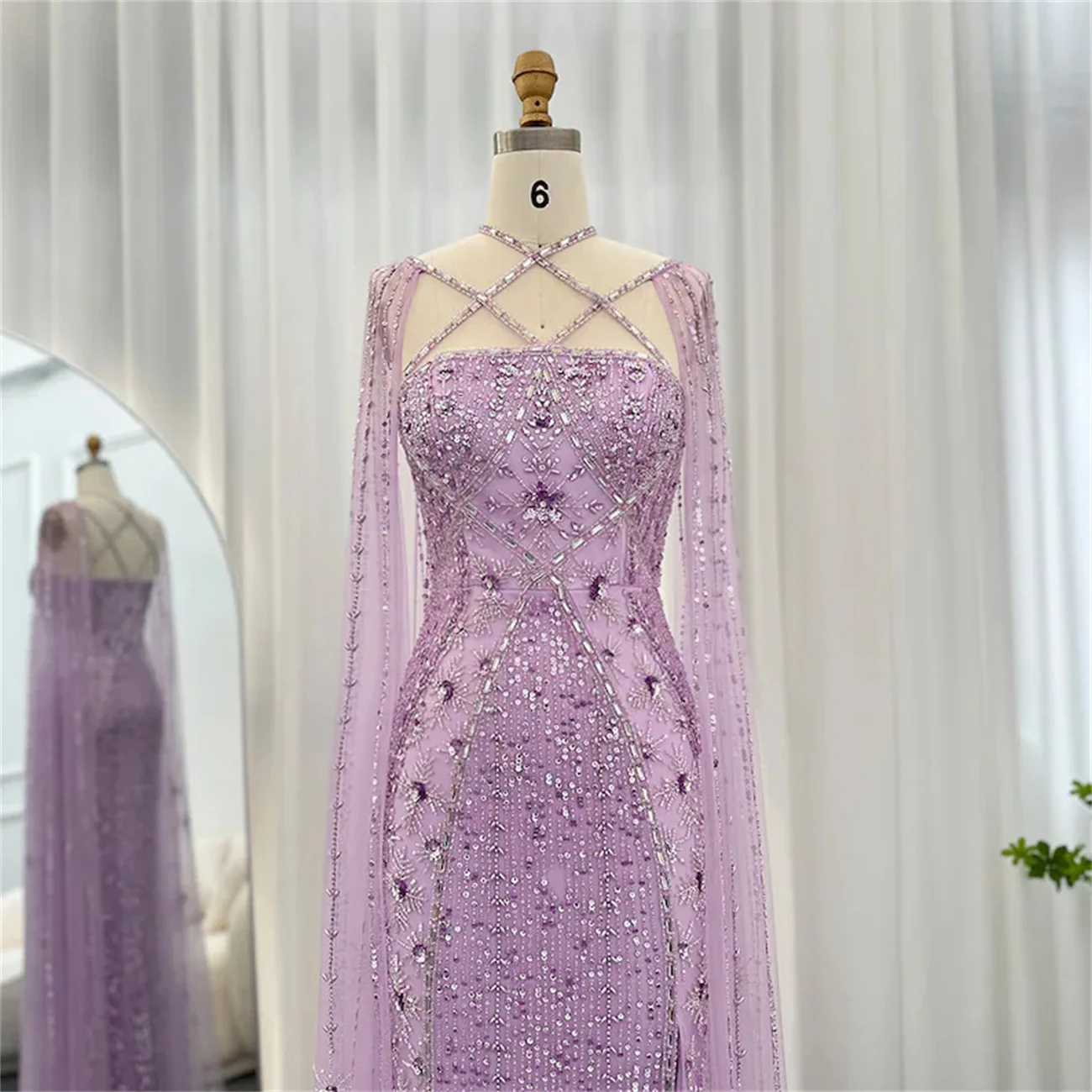 Classic Wedding Dress Cape Sleeves To Floor Square Collar Tie Beaded Patch Diamond Tulle Lace Luxury Blue/Purple Prom  Dress