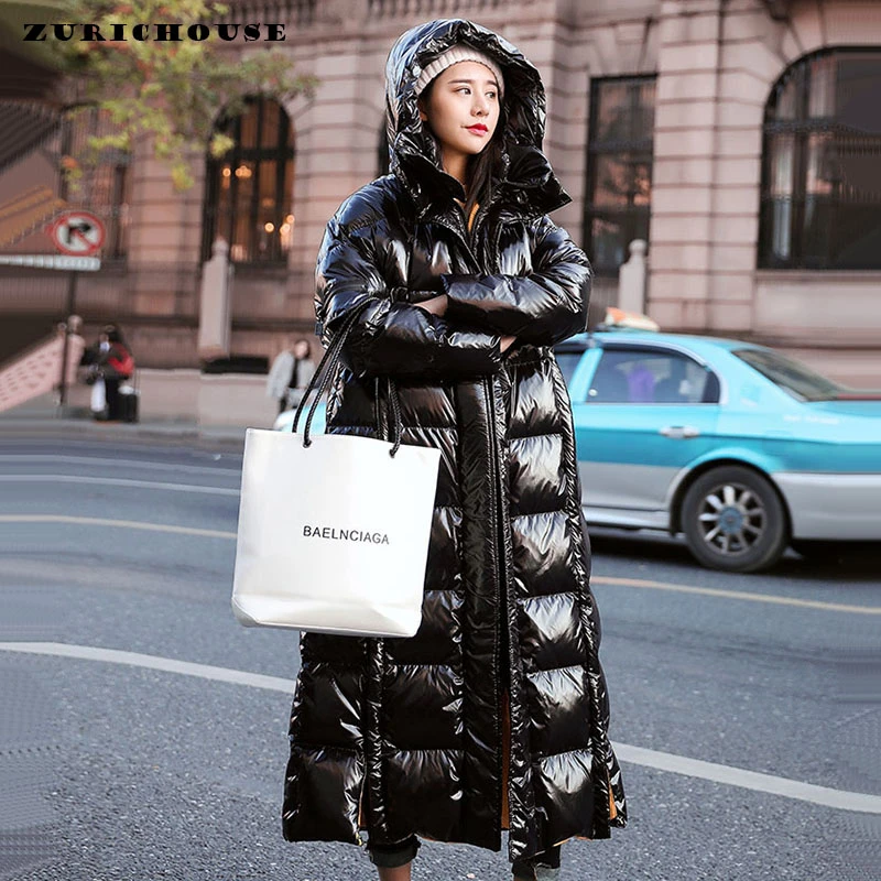 

ZURICHOUSE Oversized Winter Coat Female Long Parka 2024 Fashion Glossy Black Loose Warm Outwear Hooded Quilted Jacket Women