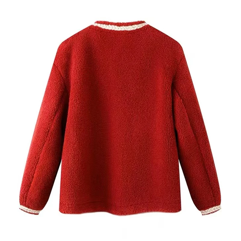New Red Wool Coat Sweet Women Fashion Vintage Button O-neck Single Breasted Casual Long Sleeve Solid Outerwear