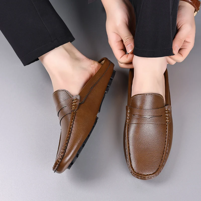 YRZL Hausschuhe, Sommer-Slip-on-Halbschuhe für Herren, Leder-Hausschuhe, lässig, atmungsaktiv, bequeme Slipper, Mokassins, Braun, Schwarz, Beige – Detail 4
