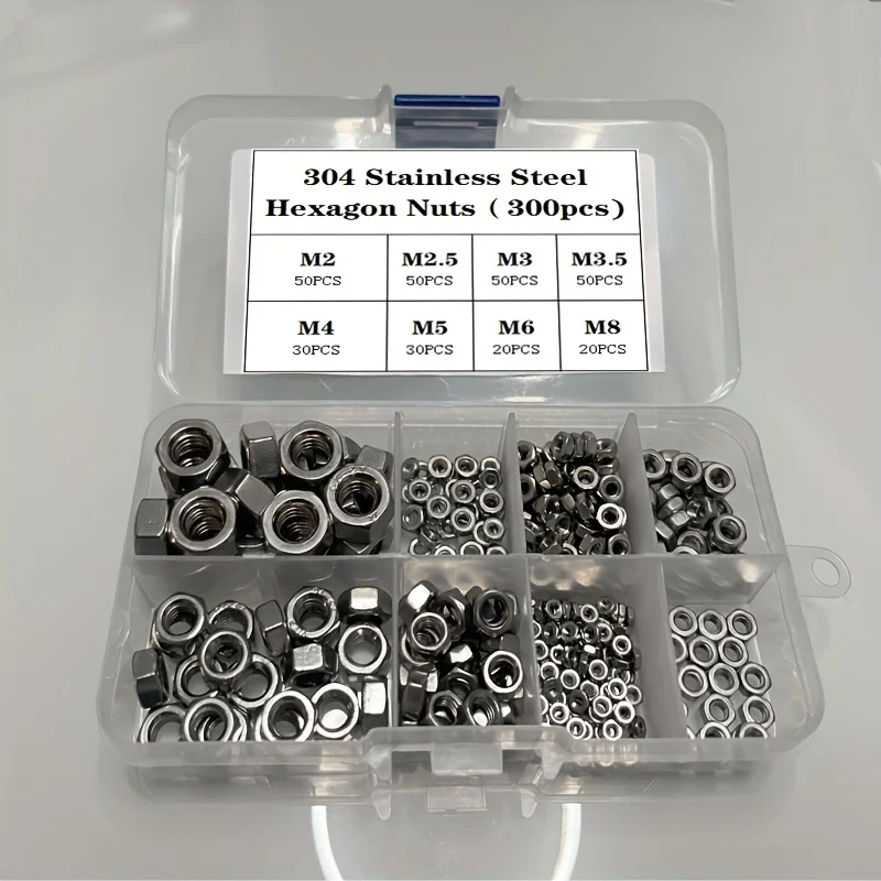 

300Pcs 304 Stainless Steel Lock Nut Assortment Kit - Perfect For Lock Washers Metric Insert Locknut M2 M2.5 M3 M3.5 M4 M5 M6 M8