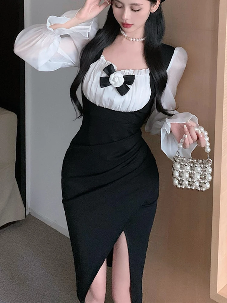 

Summer Women's Short Dress Sexy Long Sleeve Solid Transparent Sweet Midi Dresses Korean Fashion Clothing 2023 Spring New in
