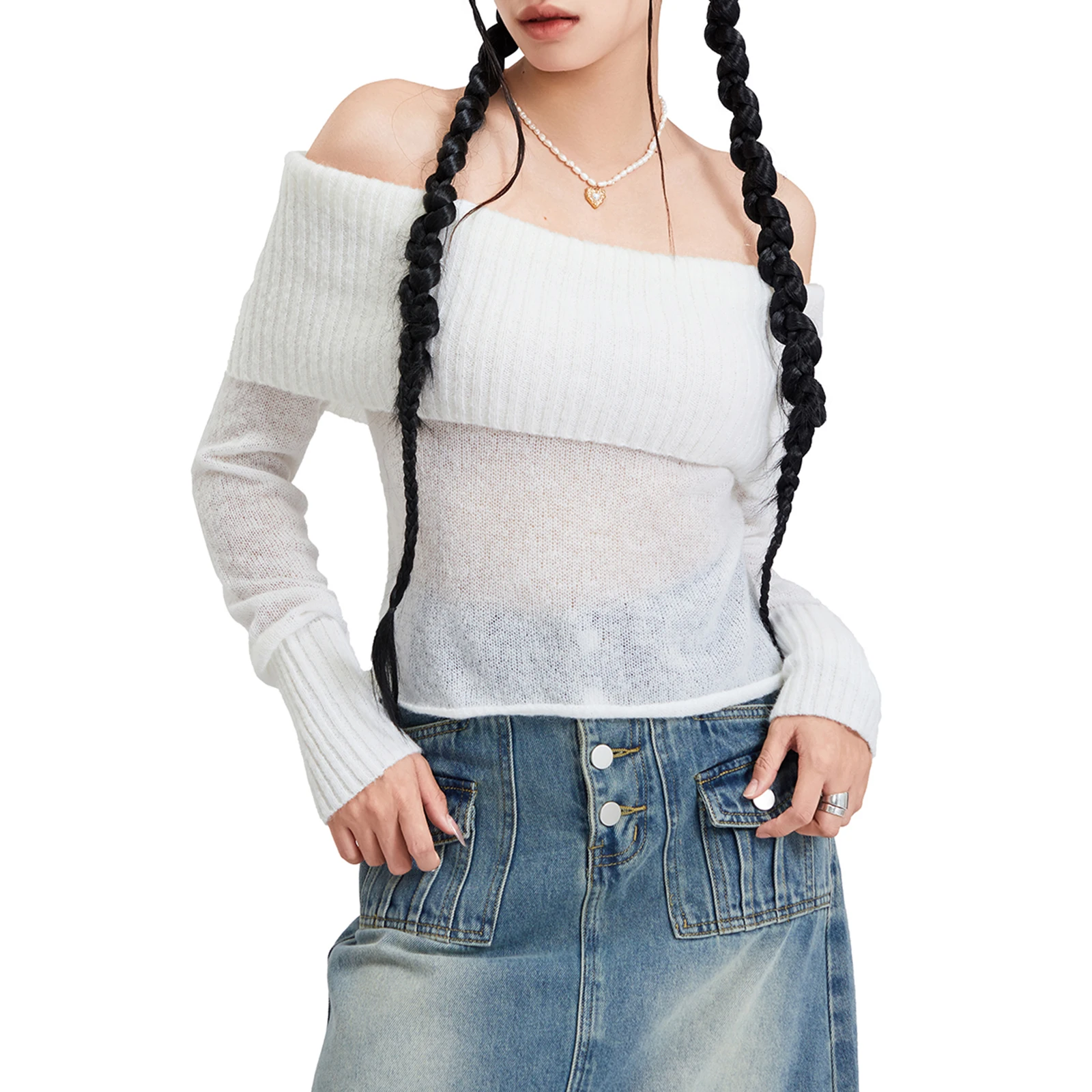 

Women’s Knit Crop Tops Fashion Off Shoulder Solid Color Long Sleeve T-Shirts Cropped Sweater