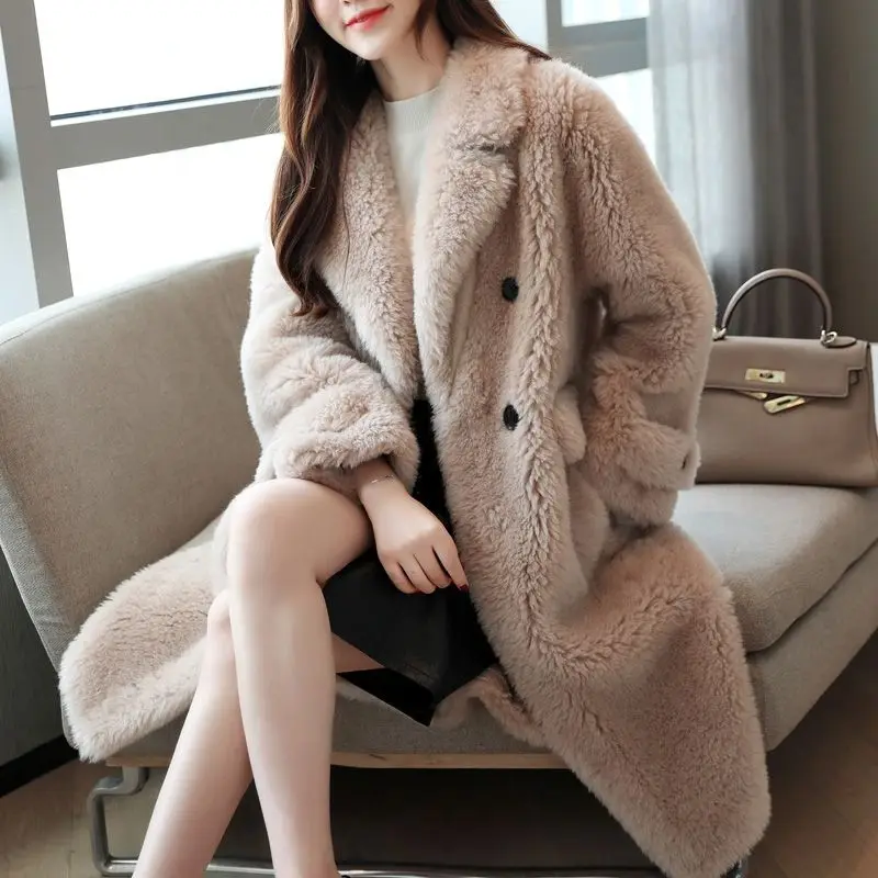 Winter Clothes Solid Women Lamb Fur Coat Fleece Velvet Wool  Jacket  Overcoat Female Outerwear Jackets for Woman E530