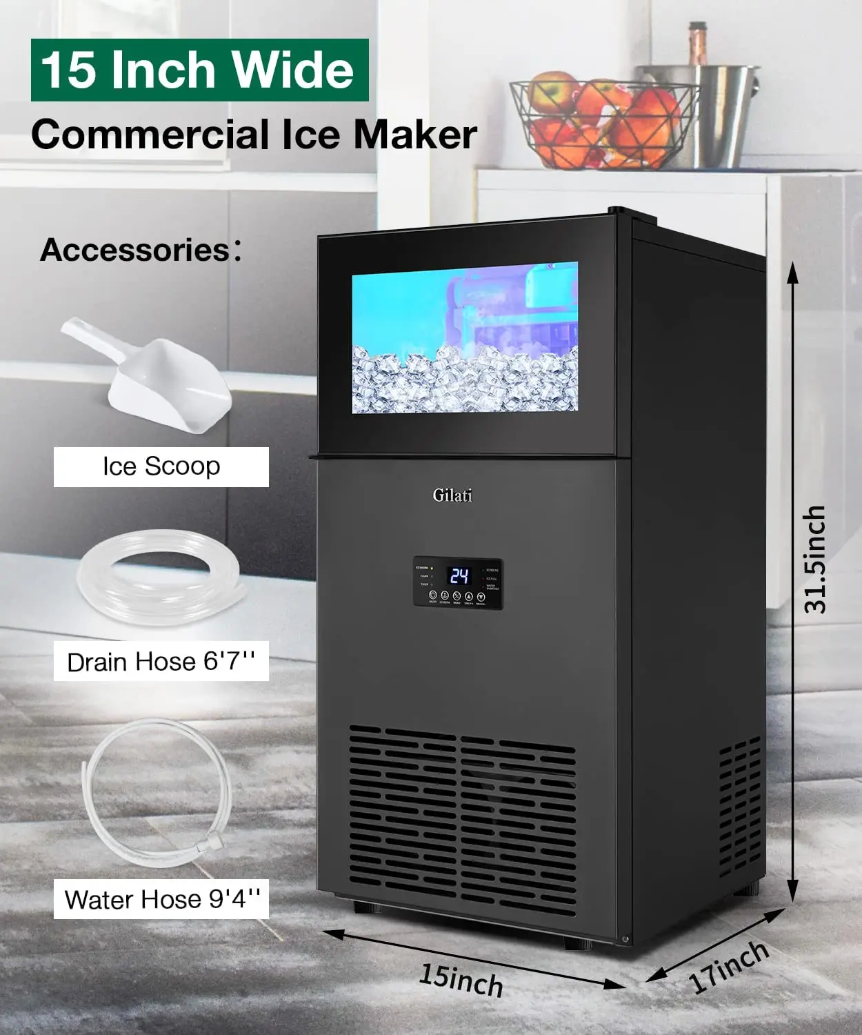 Commercial Ice Maker 130Lbs/Day, Quick Ice Making Commercial Ice Machine with 35Lbs Capacity, Under Counter Ice Maker 15 Inch 6